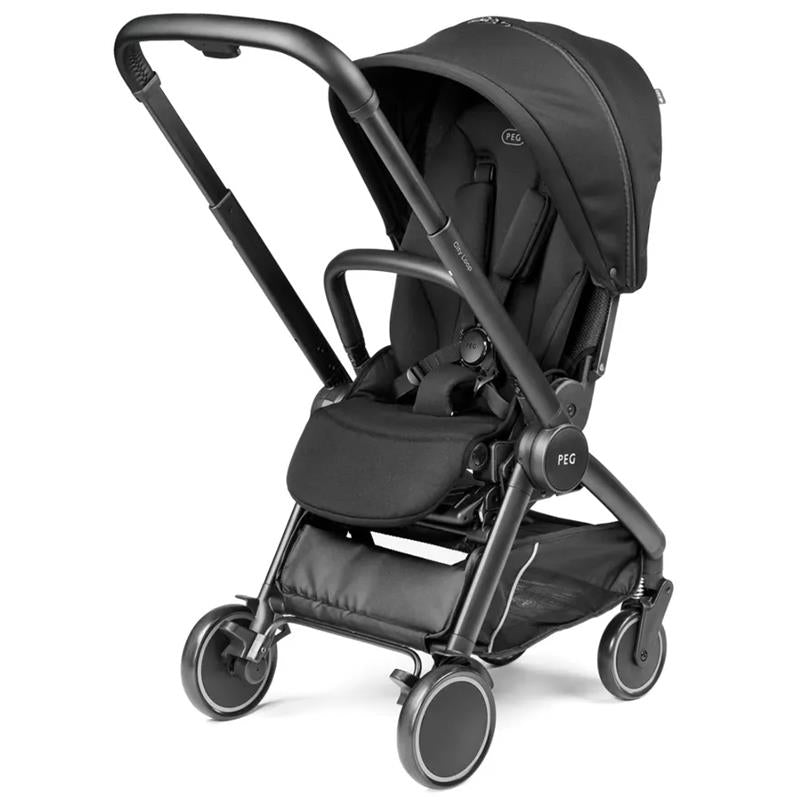 Peg City Loop Seat in True Black, featuring a compact design, adjustable harness, and large wheels for easy maneuverability.