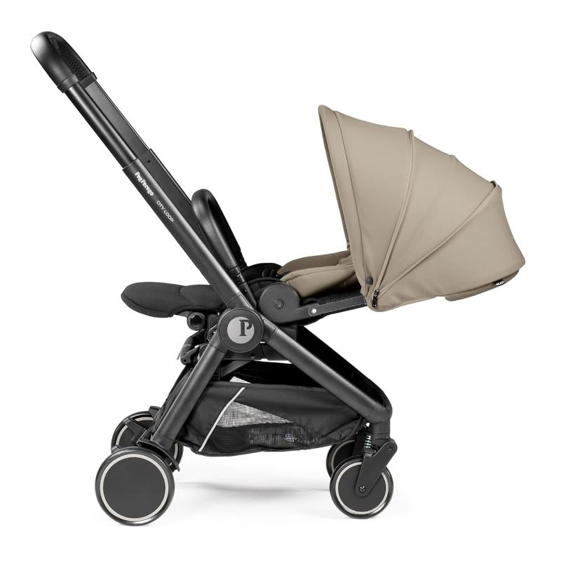 Full-size Peg-Perego City Loop stroller in Vanilla Blend, featuring a beige adjustable canopy and a sleek black frame.