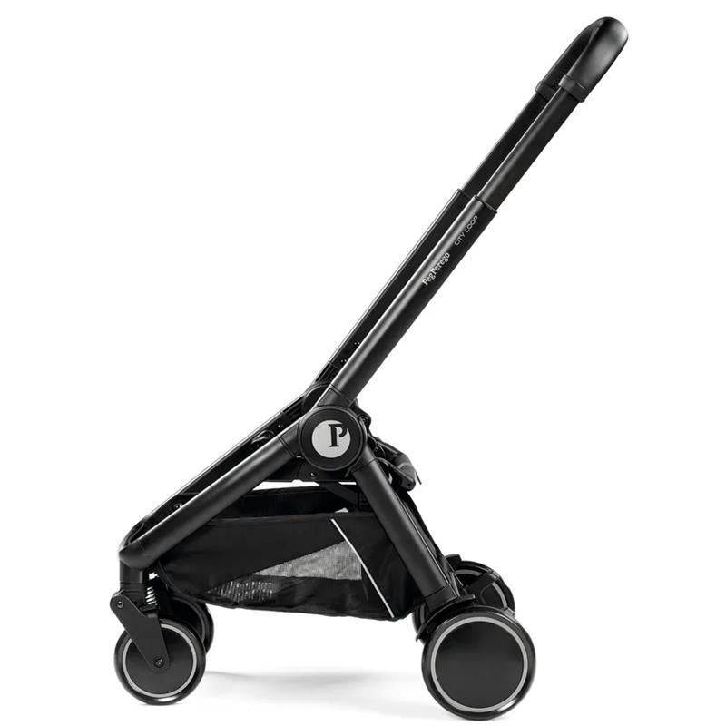 Peg City Loop Urban Mobility Infant Car Seat and Stroller Combo in True Black, featuring a sleek design and storage basket.