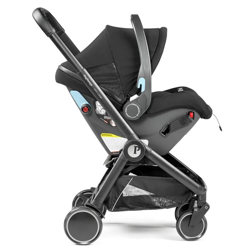 Peg City Loop Urban Mobility Infant Car Seat and Stroller Combo in True Black, featuring a safety harness and adjustable handle.