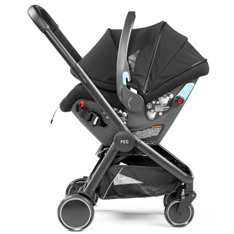 Peg City Loop True Black infant car seat and stroller combo shown with safety features, black fabric, and storage basket.