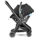 Peg City Loop True Black infant car seat and stroller combo shown with safety features, black fabric, and storage basket.