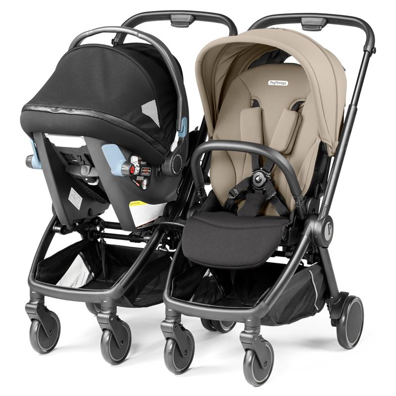 Duo Adapter for Peg-Perego City Loop Stroller, featuring a car seat and stroller seat with adjustable canopies and storage baskets.
