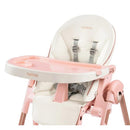 Peg Perego Prima Pappa Zero 3 high chair in Rose Gold and soft white, featuring a pink tray and safety harness.