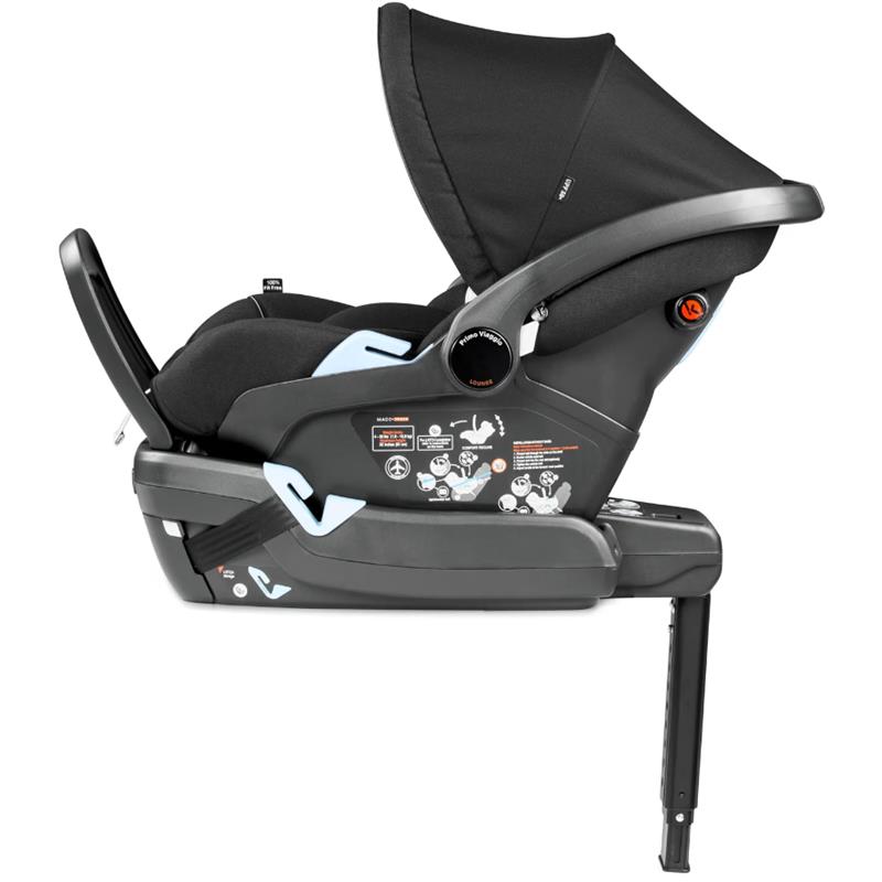 Infant car seat Peg Primo Viaggio Lounge in True Black, featuring a sleek design and safety instructions on the side.
