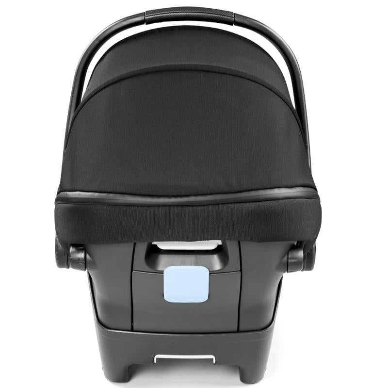 Infant car seat in True Black, featuring a protective canopy and safety handle, designed for secure travel for babies.