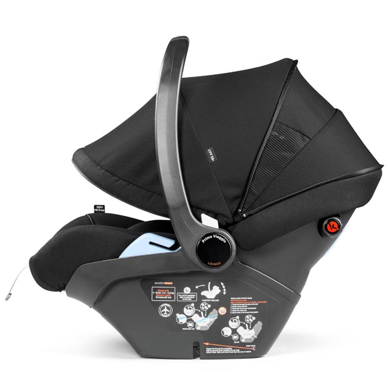 Peg Primo Viaggio Lounge Infant Car Seat in True Black with adjustable handle and safety guide illustrations on the side.