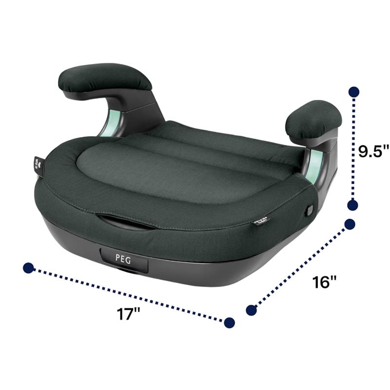 Backless booster car seat, Peg Viaggio Shuttle, in Mon Amour color, measuring 17” wide, 9.5” high, and 16” deep.