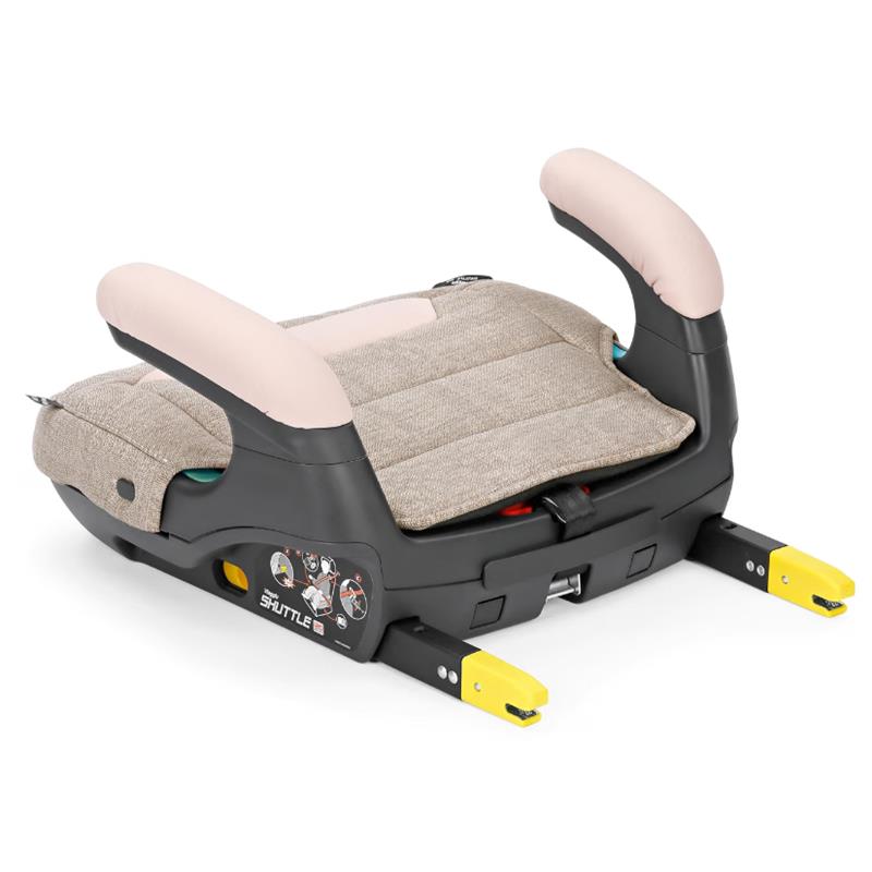 Backless booster car seat Peg Viaggio Shuttle, Mon Amour, featuring a padded seat with light-colored armrests and yellow connectors.