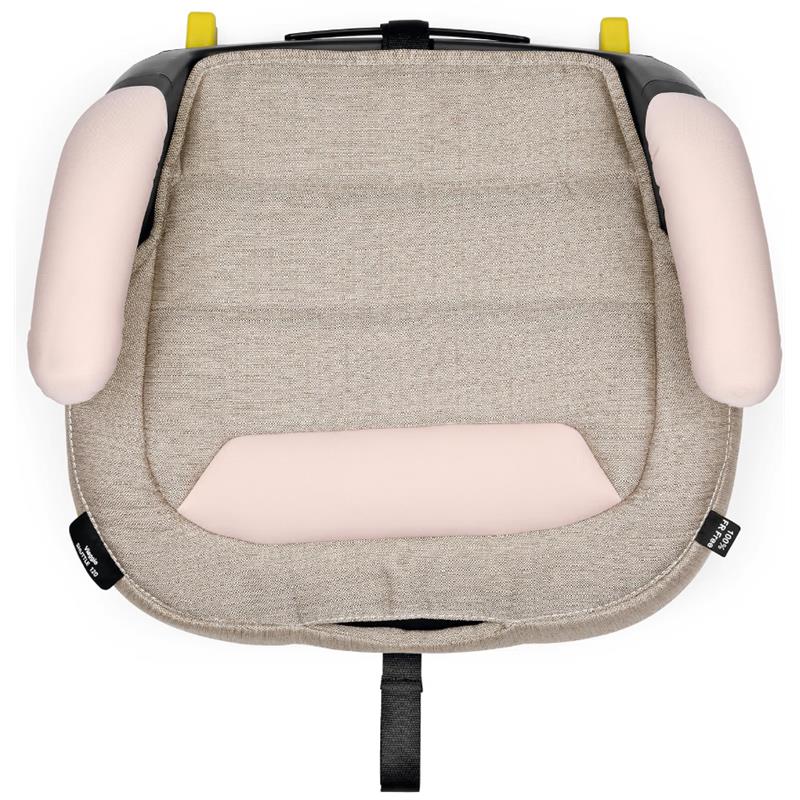 Backless booster car seat with a soft, neutral fabric, featuring pink armrests and a secured strap underneath.
