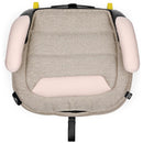 Backless booster car seat with a soft, neutral fabric, featuring pink armrests and a secured strap underneath.
