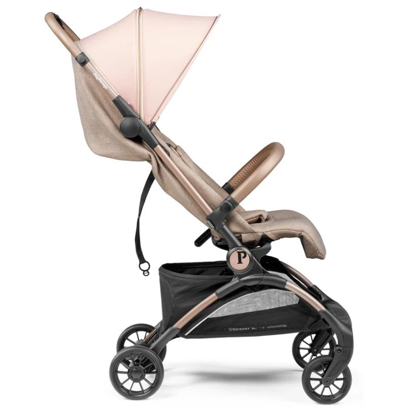 Peg Volo Compact Stroller in Mon Amour (Rose Gold) with a pink canopy and a beige seat, featuring a storage basket underneath.