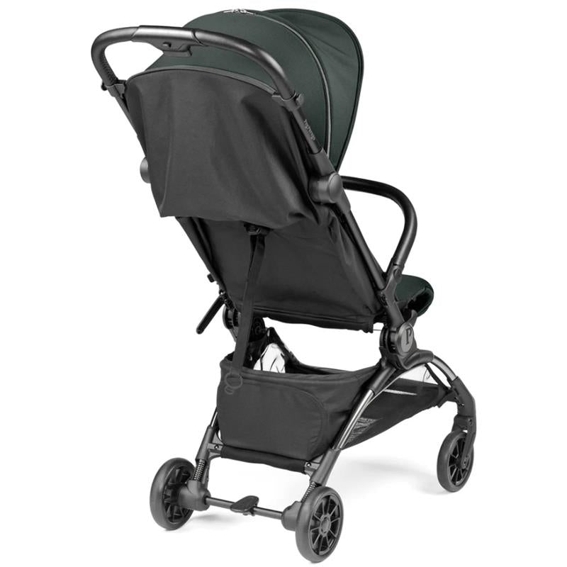 Compact Peg Volo stroller in sage green with a black seat and canopy, viewed from the back.