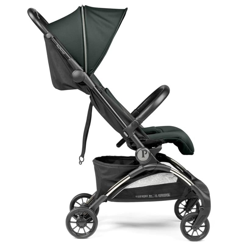Compact Peg Volo stroller in sage green, featuring a reclining seat, canopy, and storage basket.