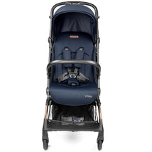 Compact blue stroller with a padded seat and safety harness, featuring a small storage basket underneath.