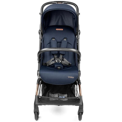 Compact blue stroller with a padded seat and safety harness, featuring a small storage basket underneath.
