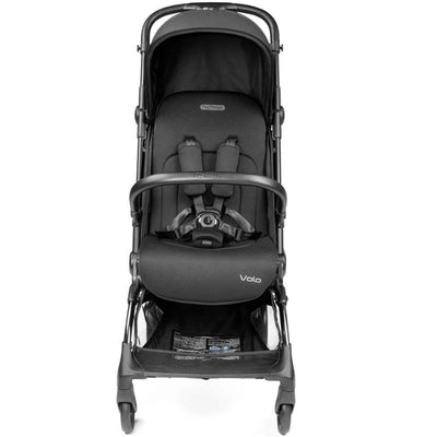 Compact Peg Volo stroller in True Black color, featuring a lightweight frame and secure harness system.