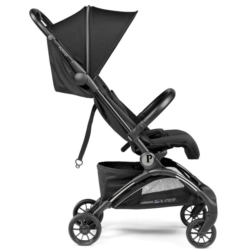 Compact Peg Volo Stroller in True Black with adjustable canopy and storage basket, shown in side view.