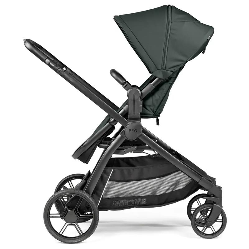 Single-to-double Peg Ypsi stroller in sage green with a canopy and black frame, featuring adjustable handlebars and a storage basket.