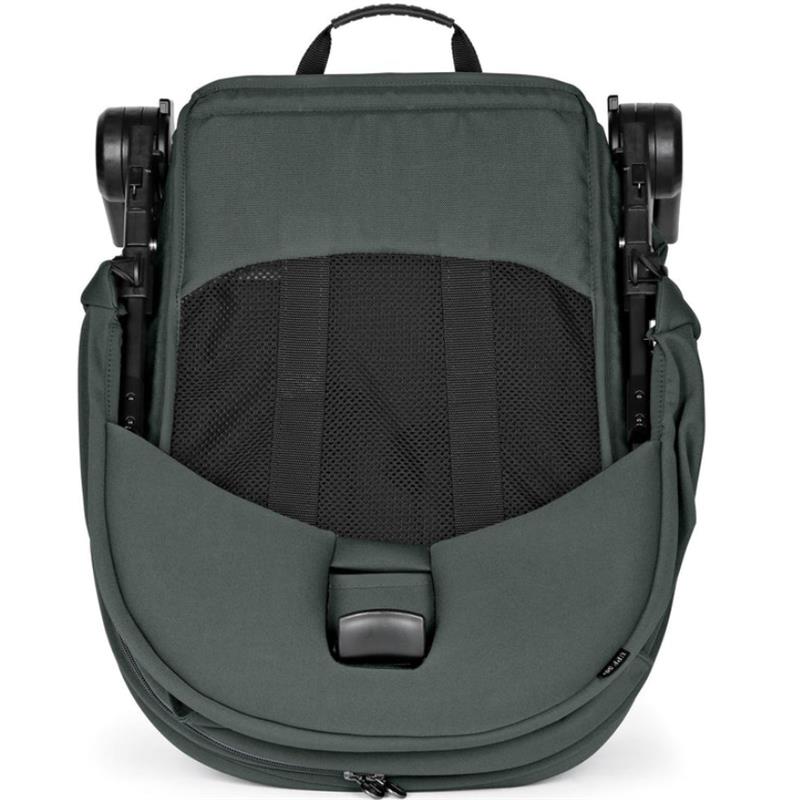 Single-to-double stroller in sage green, folded with a fabric cover and mesh panel for ventilation.