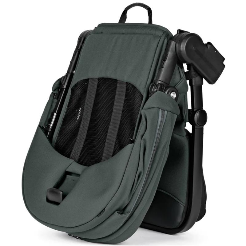 Single-to-double stroller in sage green, featuring a foldable design, mesh panel, and adjustable handle.