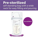 Pre-sterilized self-standing breast milk storage bag, 6oz capacity, with wide neck for easy filling and pouring.