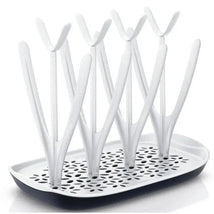 Avent baby bottle drying rack with five vertical holders, featuring a tray for excess water drainage, designed for efficient drying.