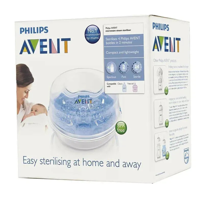 Philips Avent microwave steam sterilizer, compact and BPA-free, sterilizes 4 bottles in 2 minutes. Easy use at home or away.