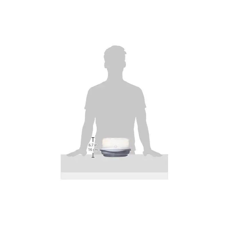 Avent Microwave Steam Sterilizer, measuring 6.7 inches tall, with a gray base and white lid, shown beside a silhouette of a person.