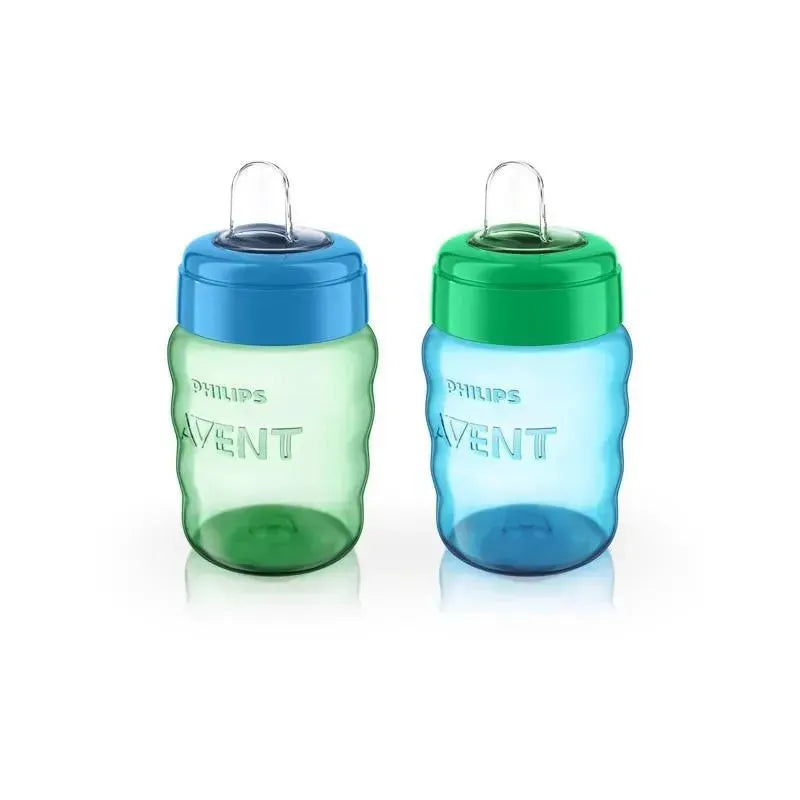 Two Avent 9oz sippy cups in blue and green, featuring easy-grip designs and no-spill spouts, ideal for toddlers.