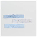 Three blue jersey headbands tied in knots, featuring patterns of stars and clouds, from the Piccolo Bambino 3Pk.