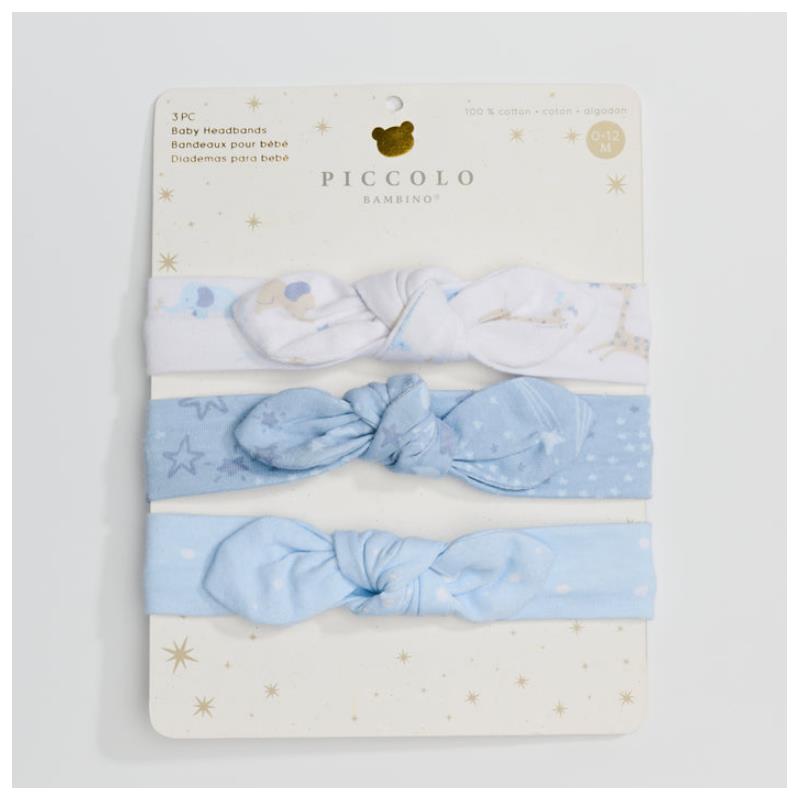 Three blue jersey headbands for babies from Piccolo Bambino, featuring a mix of plain and patterned designs on a display card.
