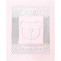 Pointelle stroller blanket by Piccolo Bambino in pink, featuring a bear design and the brand name on a textured background.