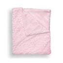 Textured pink faux fur stroller blanket with a soft reverse side, displayed on a wooden hanger.