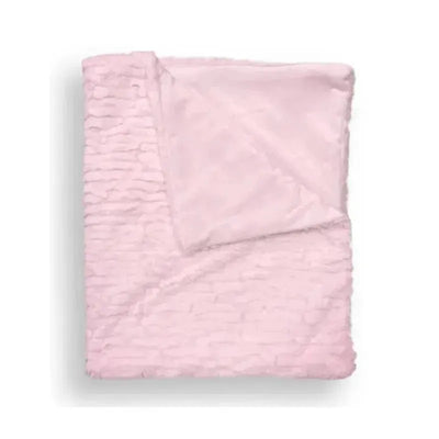 Textured pink faux fur stroller blanket with a soft reverse side, displayed on a wooden hanger.