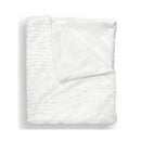 Textured faux fur stroller blanket in white, displayed folded on a wooden hanger, showcasing its softness and thickness.