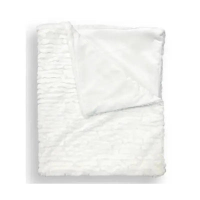 Textured faux fur stroller blanket in white, displayed folded on a wooden hanger, showcasing its softness and thickness.