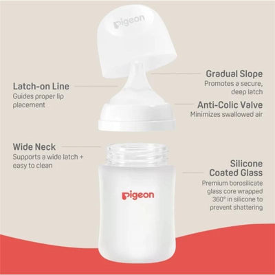Wide-neck, silicone-coated glass baby bottle with a 5 oz capacity, features a latch-on line, gradual slope, and anti-colic valve.