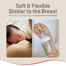 Silicone coated glass baby bottle with wide neck, designed for comfortable feeding, alongside a sleeping baby.