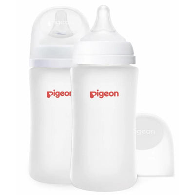 Pigeon 2-pack silicone-coated wide neck baby bottles, 8 oz, featuring clear bodies and red logos.