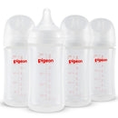 Four Pigeon 8.1 oz wide neck baby bottles with measurement markings and red logo, suitable for ages 3 months and older.
