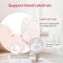 Pigeon 4Pk PP Wide Neck Baby Bottle product information highlighting the latch-on line and nipple shape for optimal feeding.