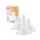 Silicone nipples suitable for babies 6+ months, includes four nipples in a pack, with a box displaying product details.