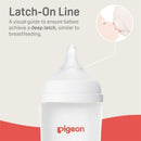 Silicone nipple for Pigeon baby bottles, with a Latch-On Line graphic for achieving a deep latch.