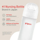 Pigeon 4Pk Silicone Nipple (L) for 6+ months, featuring a nursing bottle with a soft silicone nipple design.
