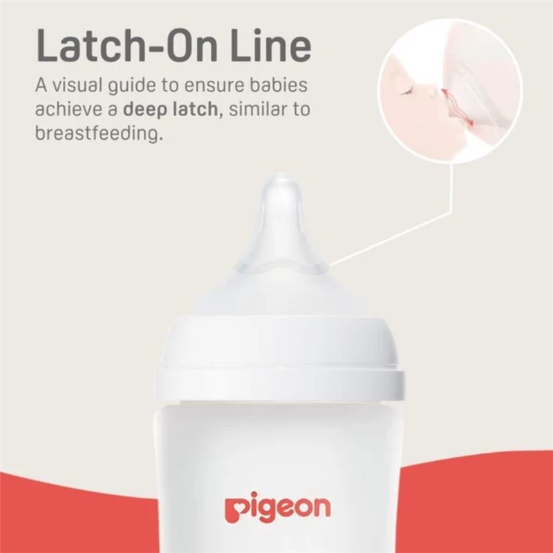 Silicone nipple for Pigeon bottles designed for babies 1+ months, featuring a Latch-On Line for a deep latch.