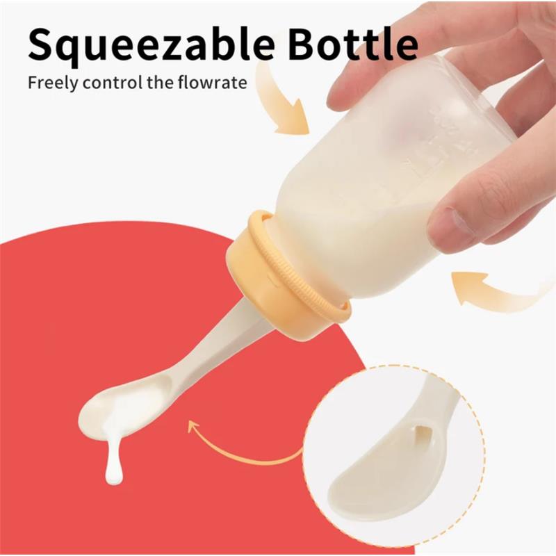 Squeezable baby weaning spoon with a bottle, featuring a controlled flow design for easy feeding.