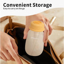 Pigeon baby weaning spoon and squeeze bottle held above a bag, showcasing convenient storage for on-the-go use.