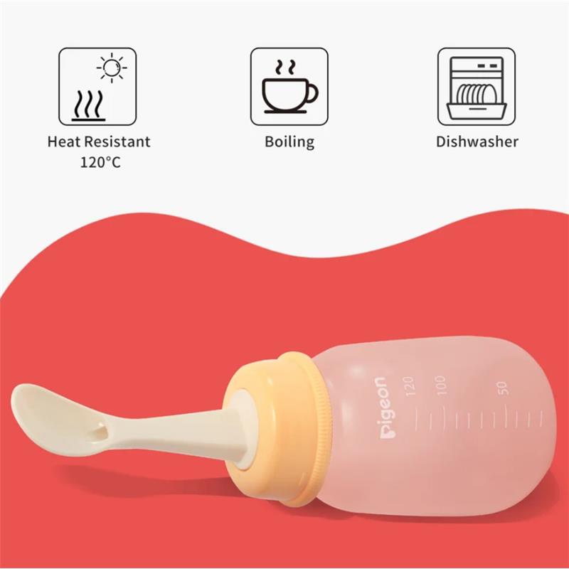 Pigeon baby weaning spoon with squeeze bottle; 4 oz capacity, heat resistant, suitable for boiling and dishwasher safe.