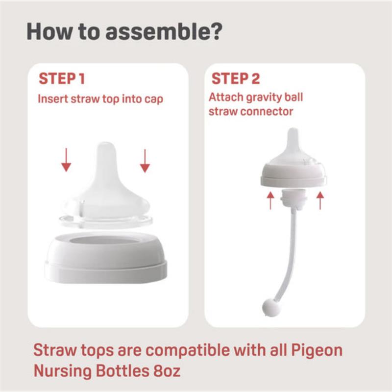 Step-by-step assembly instructions for the Pigeon Natural Weaning Silicone Sipper Conversion Kit, highlighting straw and connector components.